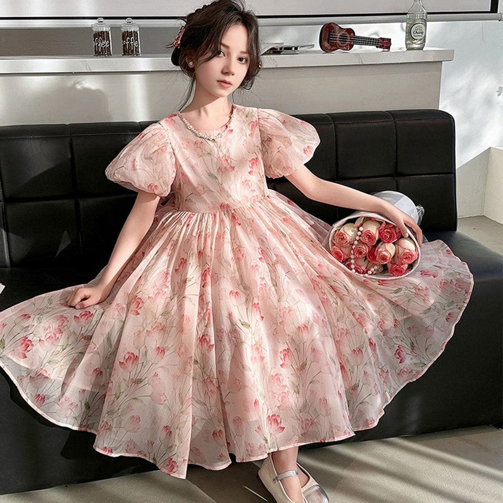 Girls Floral Print Puff Sleeves Fit & Flare Dress Casual Dresses Pink 6-7 Y 