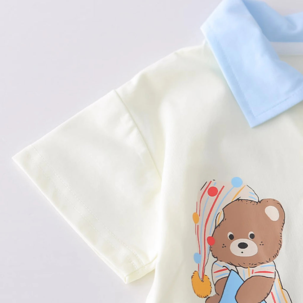 Boys Off White Bear Printed Polo T-Shirt With Denim Shorts Set Sets