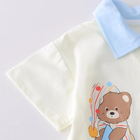 Boys Off White Bear Printed Polo T-Shirt With Denim Shorts Set Sets
