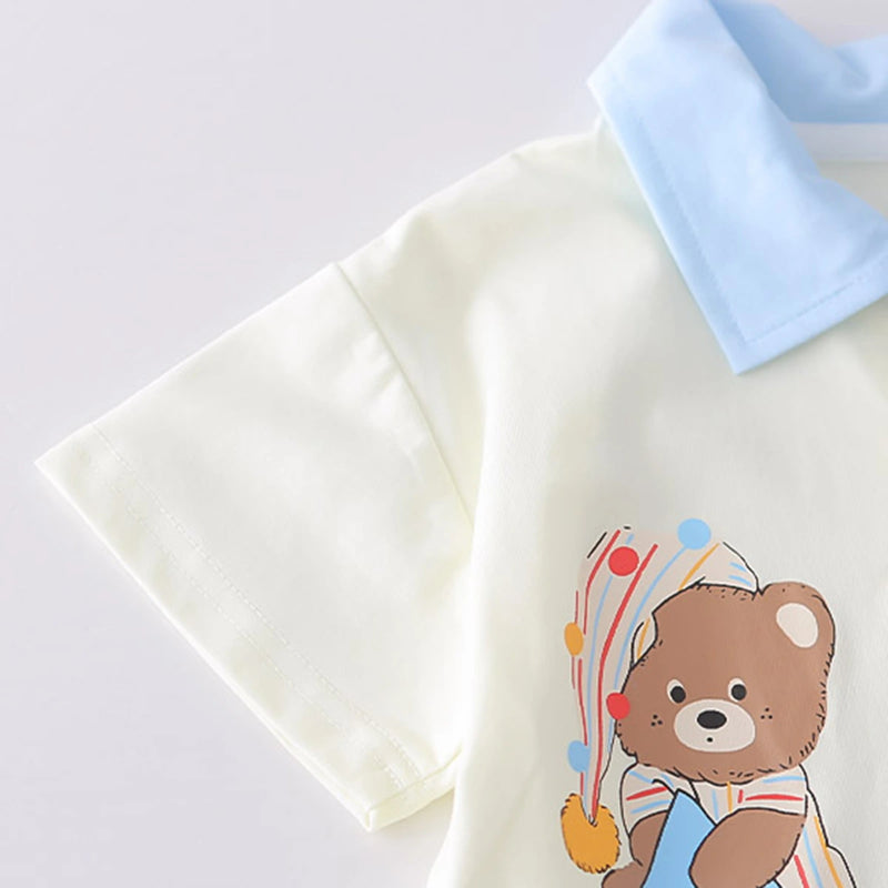 Boys Off White Bear Printed Polo T-Shirt With Denim Shorts Set Sets