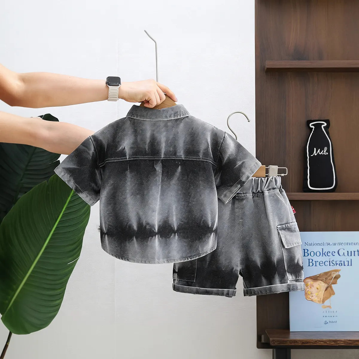 Boys Grey Denim Tie-Dye Printed Shirt & Short Co-ord Sets Sets