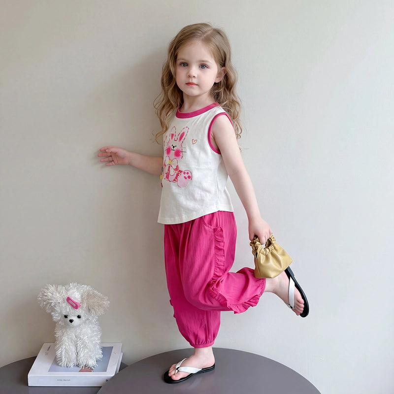 Girls Bunny Print Sleeveless Top With Fuchsia Pants Sets 2 pc. Sets