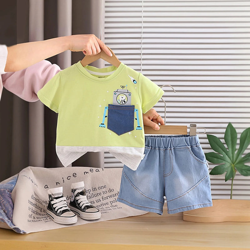 Boys Lime Green Graphics T-Shirt With Denim Shorts Set Sets Lime Green 1-2 Y