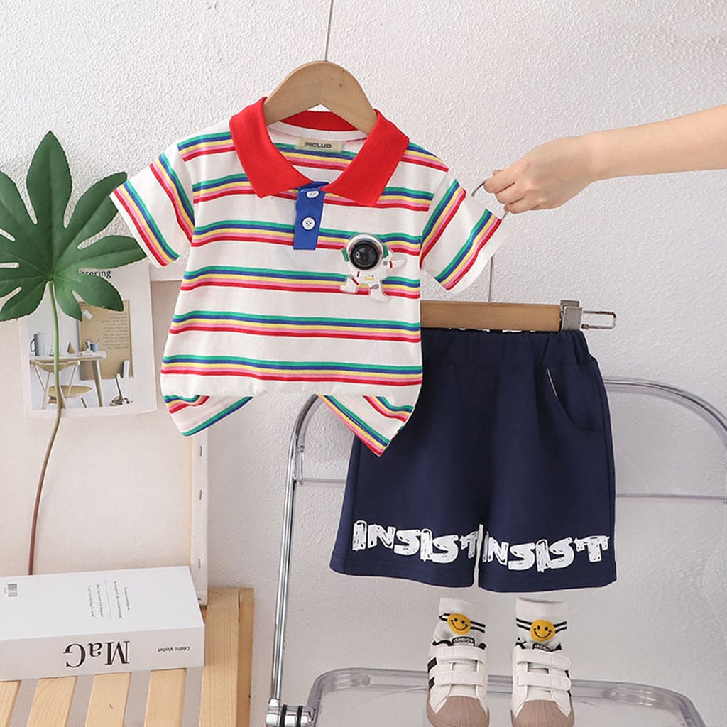 Boys Striped T-Shirt With Badge & Shorts Set