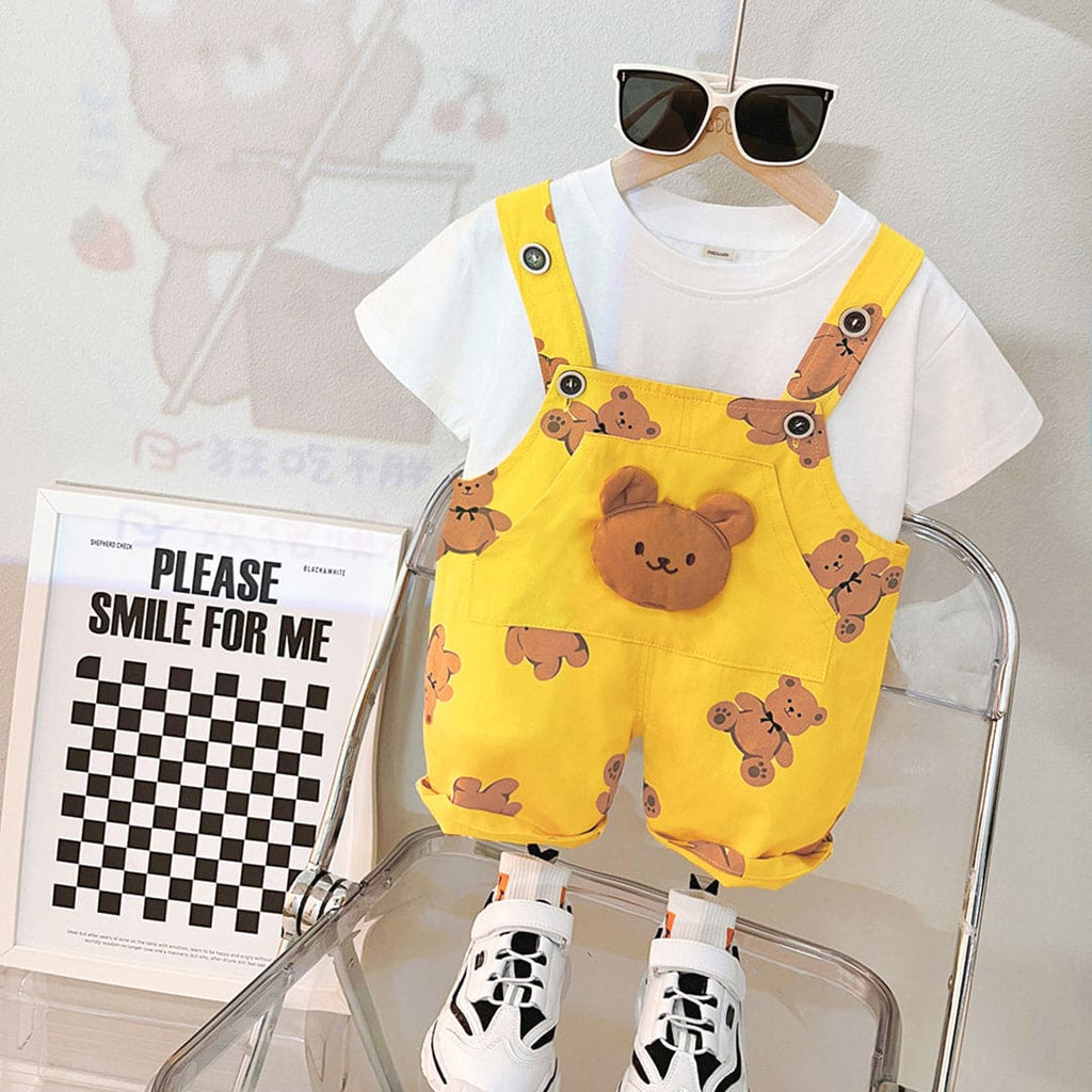 Boys Yellow Teddy Print T-shirt with Dungaree Set Sets Yellow 1-2 Y 