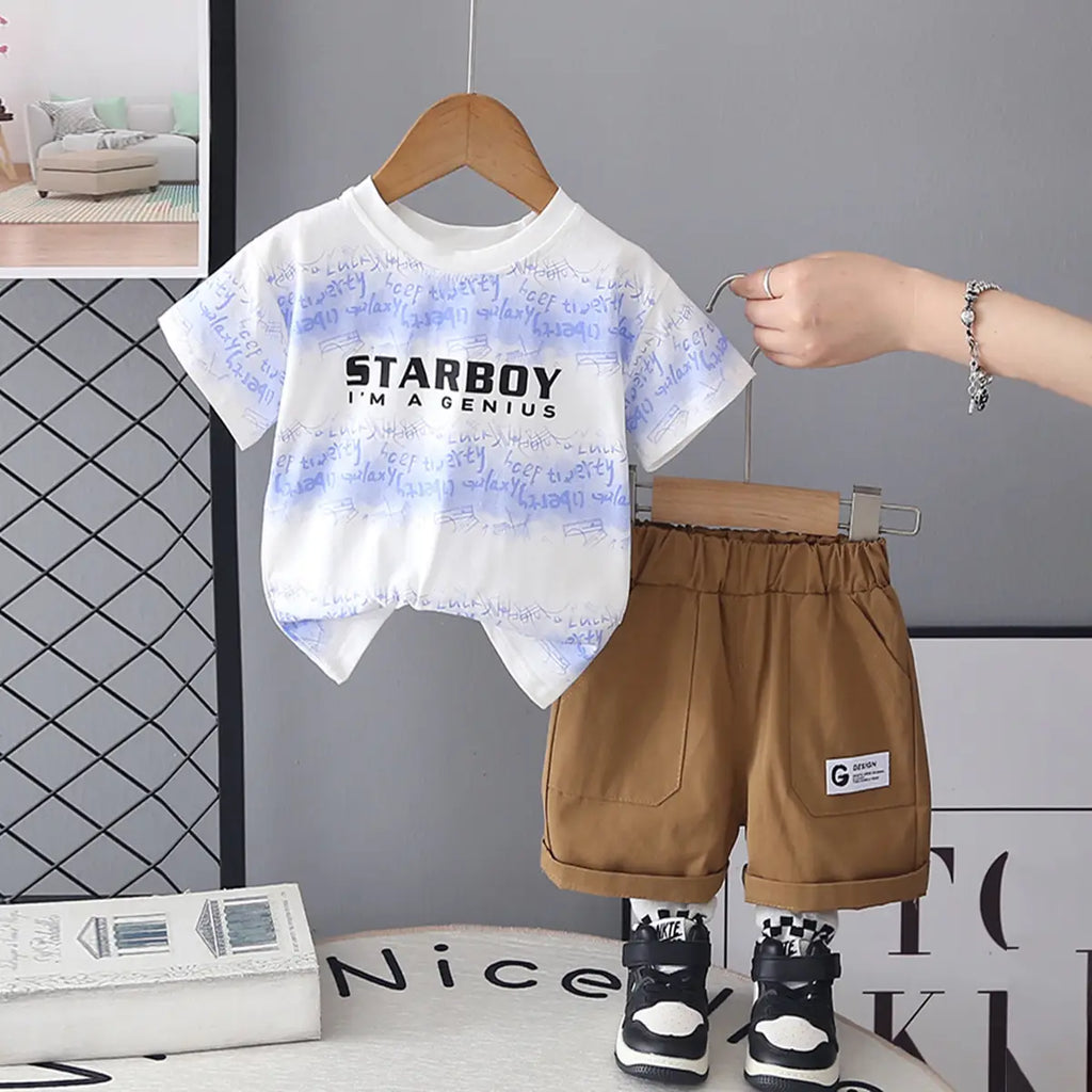 Boys Blue Short Sleeve Typographic Printed T-shirt With Elasticated Shorts Sets Sets Blue 1-2 Y