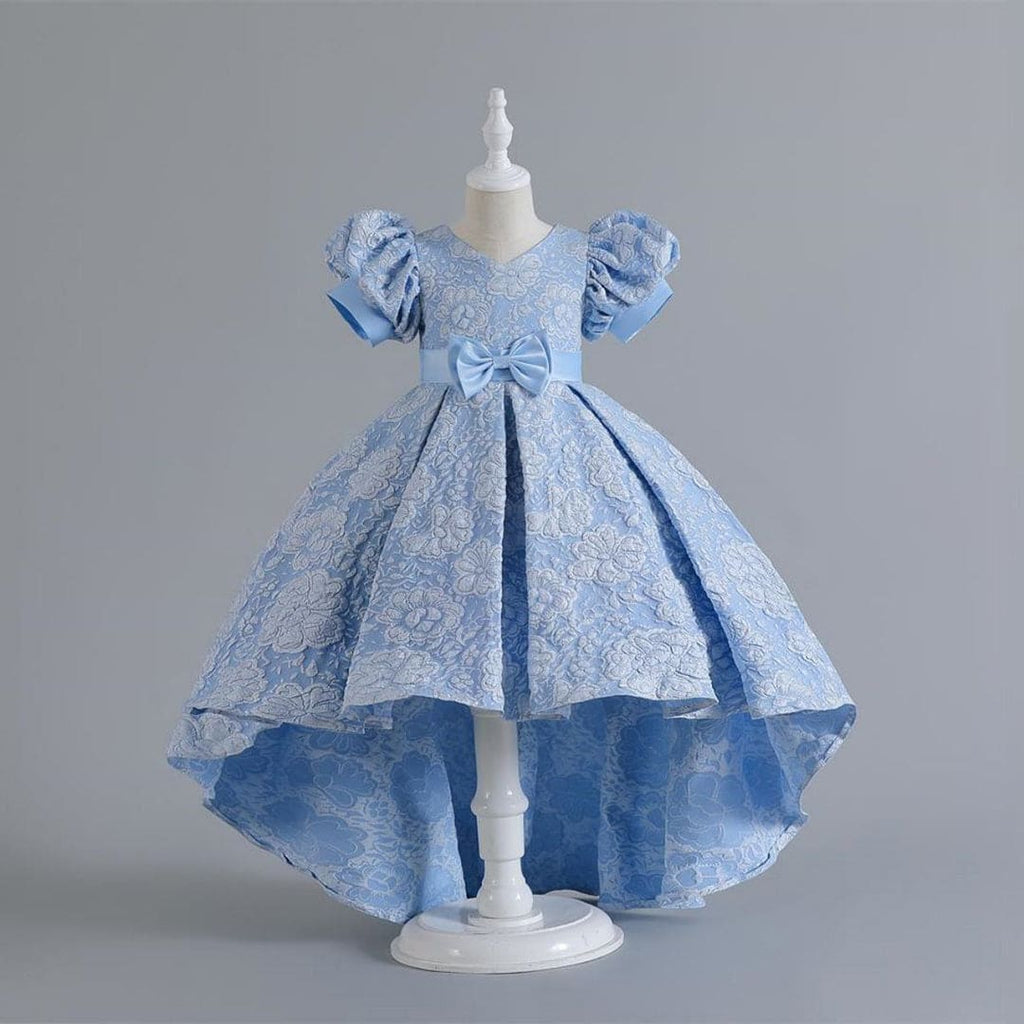 Girls Sky Blue Texture High Low Party Wear Dress