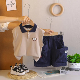 Boys Beige Sleeveless Polo-T-Shirt With Cargo Shorts Sets Sets Beige 1-2 Y