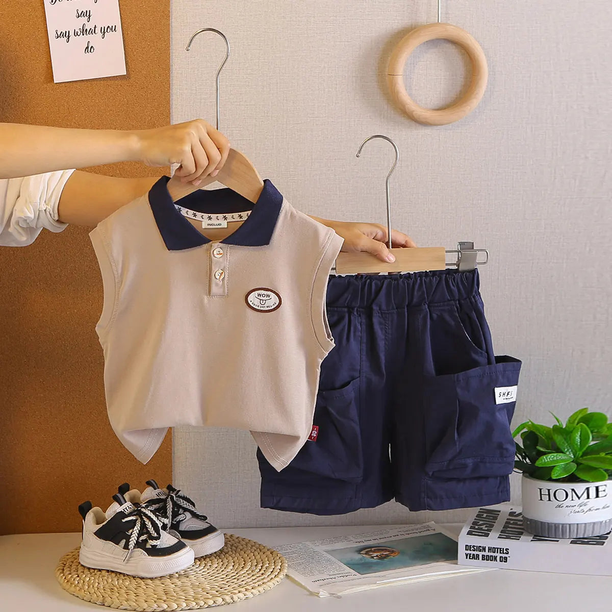 Boys Beige Sleeveless Polo-T-Shirt With Cargo Shorts Sets Sets Beige 1-2 Y
