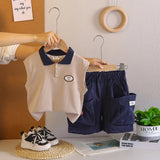 Boys Beige Sleeveless Polo-T-Shirt With Cargo Shorts Sets