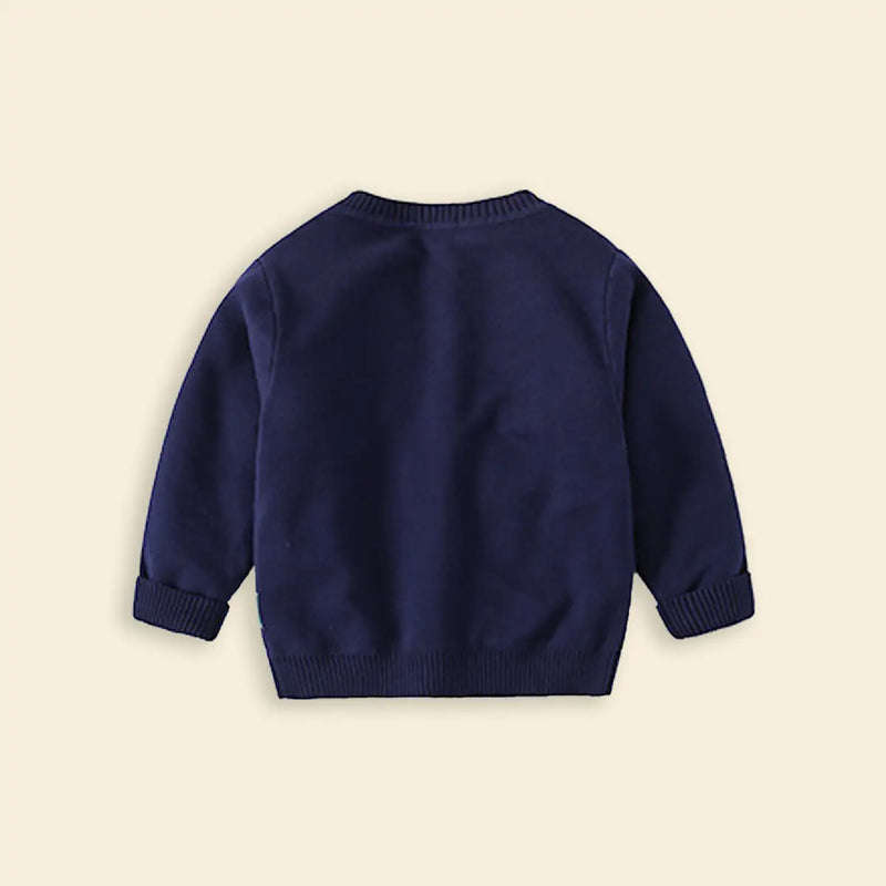 Boys Navy Blue Self-Design Dinosaur Pattern Button Down Cardigan Sweaters & Cardigans
