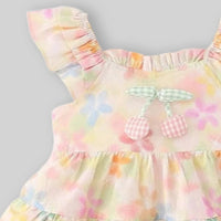 Girls Yellow Floral Print Cherry Applique Tiered A-Line Dress Casual Dresses