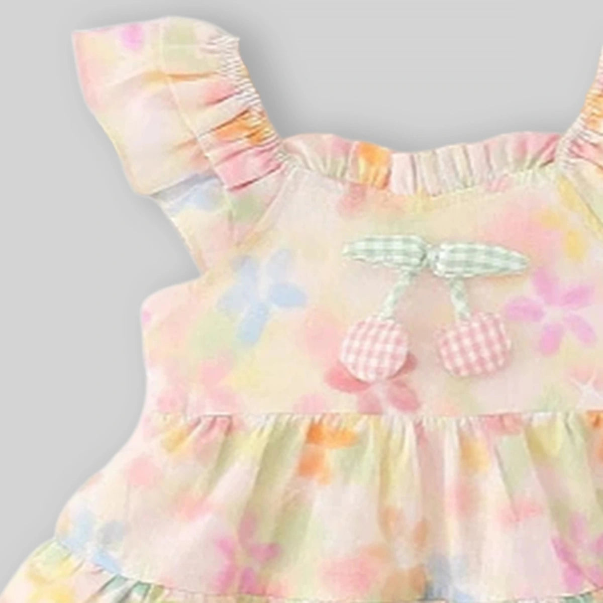 Girls Yellow Floral Print Cherry Applique Tiered A-Line Dress Casual Dresses