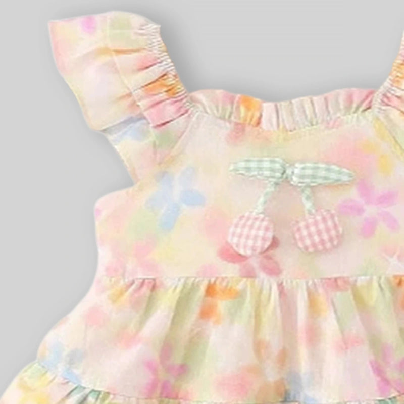 Girls Yellow Floral Print Cherry Applique Tiered A-Line Dress Casual Dresses