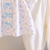 Girls Light Blue Floral Printed Bow Appliqued Top With Pants Sets Sets