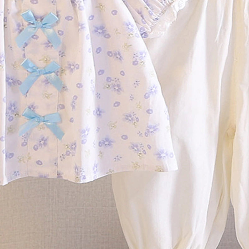 Girls Light Blue Floral Printed Bow Appliqued Top With Pants Sets Sets