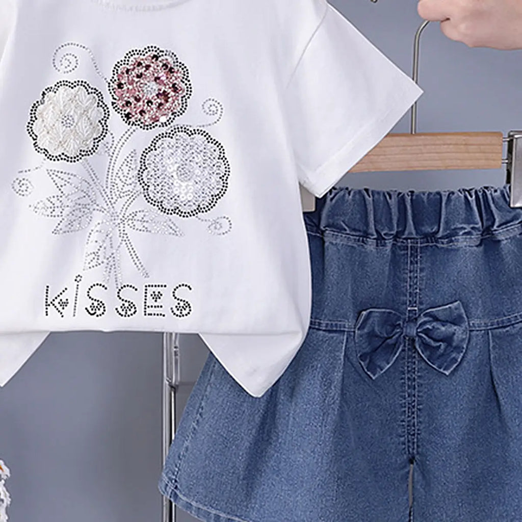 Girls White Flower Embellished T-Shirt With Denim Shorts Sets Sets