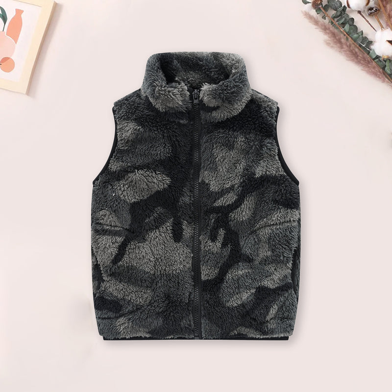 Girls Dark Grey Abstract Printed Fleece Front Zipper Sleeveless Winter Jacket Coats & Jackets Dark Grey 3-4 Y