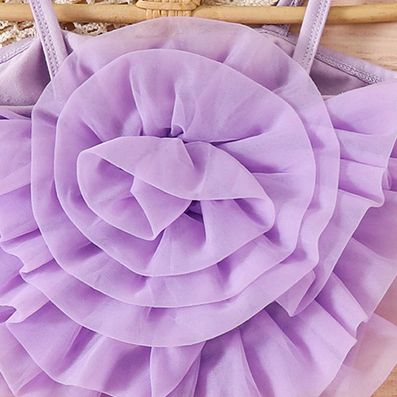 Girls Purple Big Flower Applique Crop Top With Star Printed Tiered Tulle Skirt Sets Sets