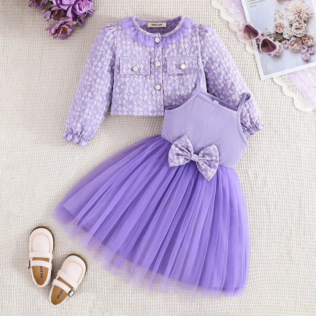 Girls Purple Bow Fit & Flare Dress With Floral Self Design Long Sleeves Crop Jacket Casual Dresses Purple 2-3 Y