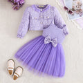 Girls Purple Bow Fit & Flare Dress With Floral Self Design Long Sleeves Crop Jacket Casual Dresses Purple 2-3 Y