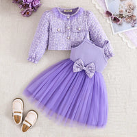 Girls Purple Bow Fit & Flare Dress With Floral Self Design Long Sleeves Crop Jacket Casual Dresses Purple 2-3 Y
