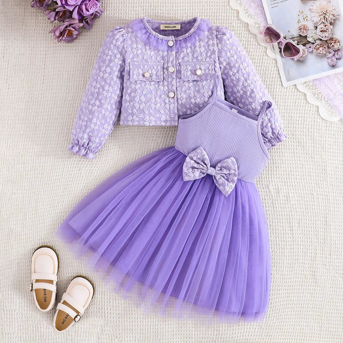 Girls Purple Bow Fit & Flare Dress With Floral Self Design Long Sleeves Crop Jacket Casual Dresses Purple 2-3 Y