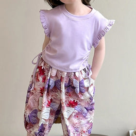 Girls Purple Flutter Sleeve Top with Butterfly Print Harem Pants Sets Sets