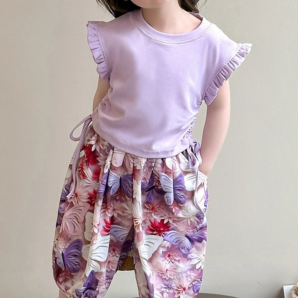 Girls Purple Flutter Sleeve Top with Butterfly Print Harem Pants Sets Sets
