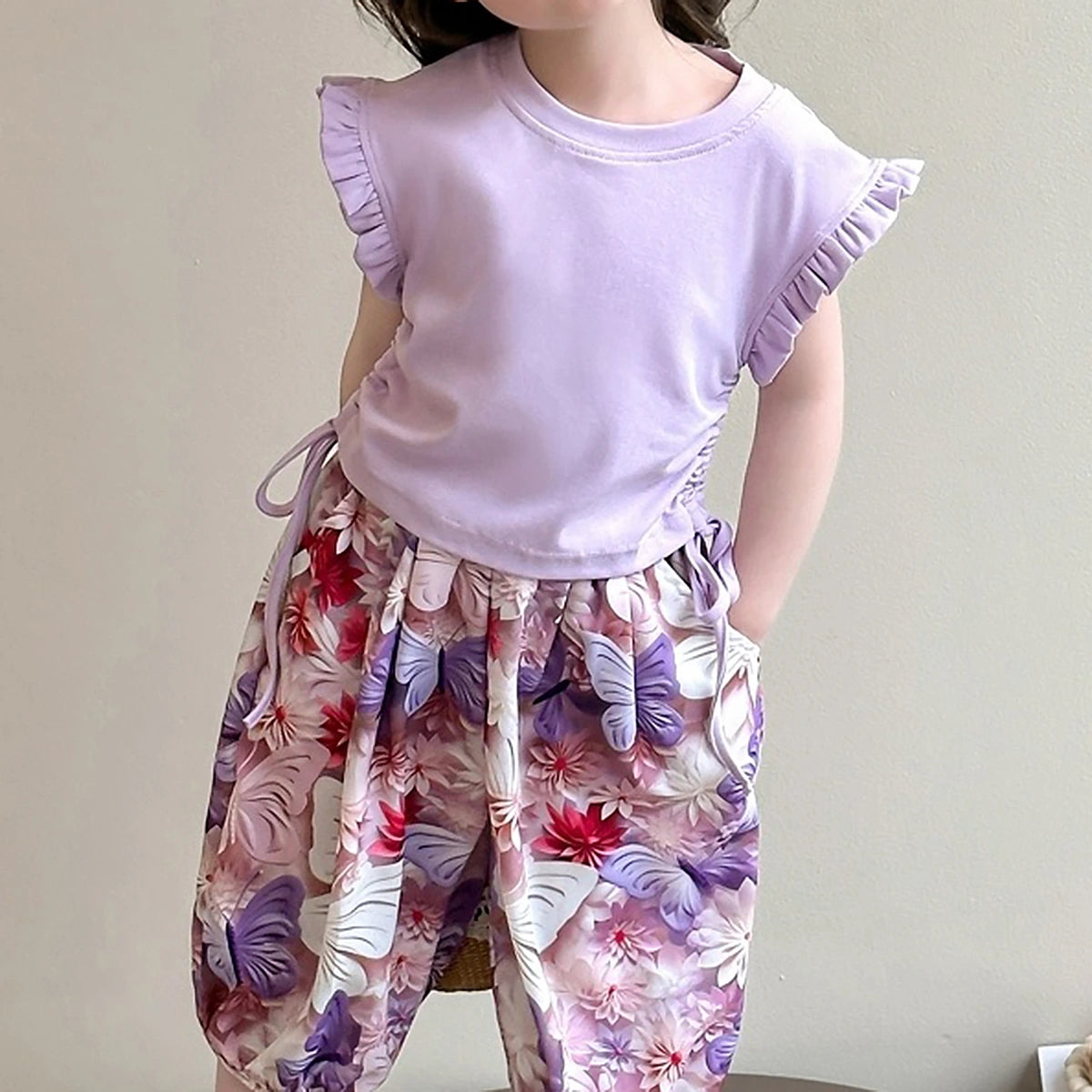 Girls Purple Flutter Sleeve Top with Butterfly Print Harem Pants Sets Sets