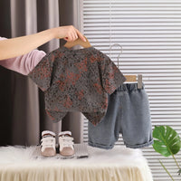 Boys Brown Abstract Printed Short Sleeve T-Shirt With Distressed Denim Shorts Sets 2 pc. Sets