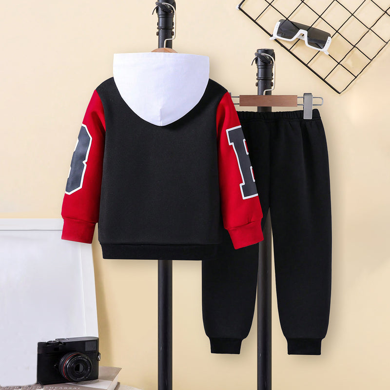 Boys Black-Red Varsity Jacket with Joggers Set Sets