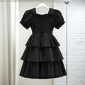 Girls Puff Sleeves Elasticated Smocking Tiered Dress Casual Dresses Black 4-5 Y 