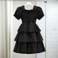 Girls Puff Sleeves Elasticated Smocking Tiered Dress Casual Dresses Black 4-5 Y 