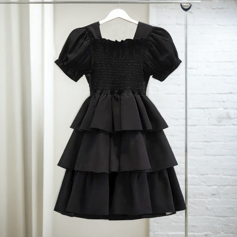 Girls Puff Sleeves Elasticated Smocking Tiered Dress Casual Dresses Black 4-5 Y 