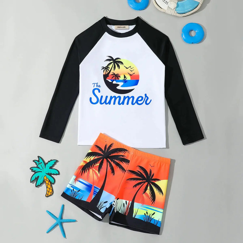Boys Black Tropical Printed Long Sleeves T-Shirt & Shorts Swimsuit Sets Sets Black 7-8 Y