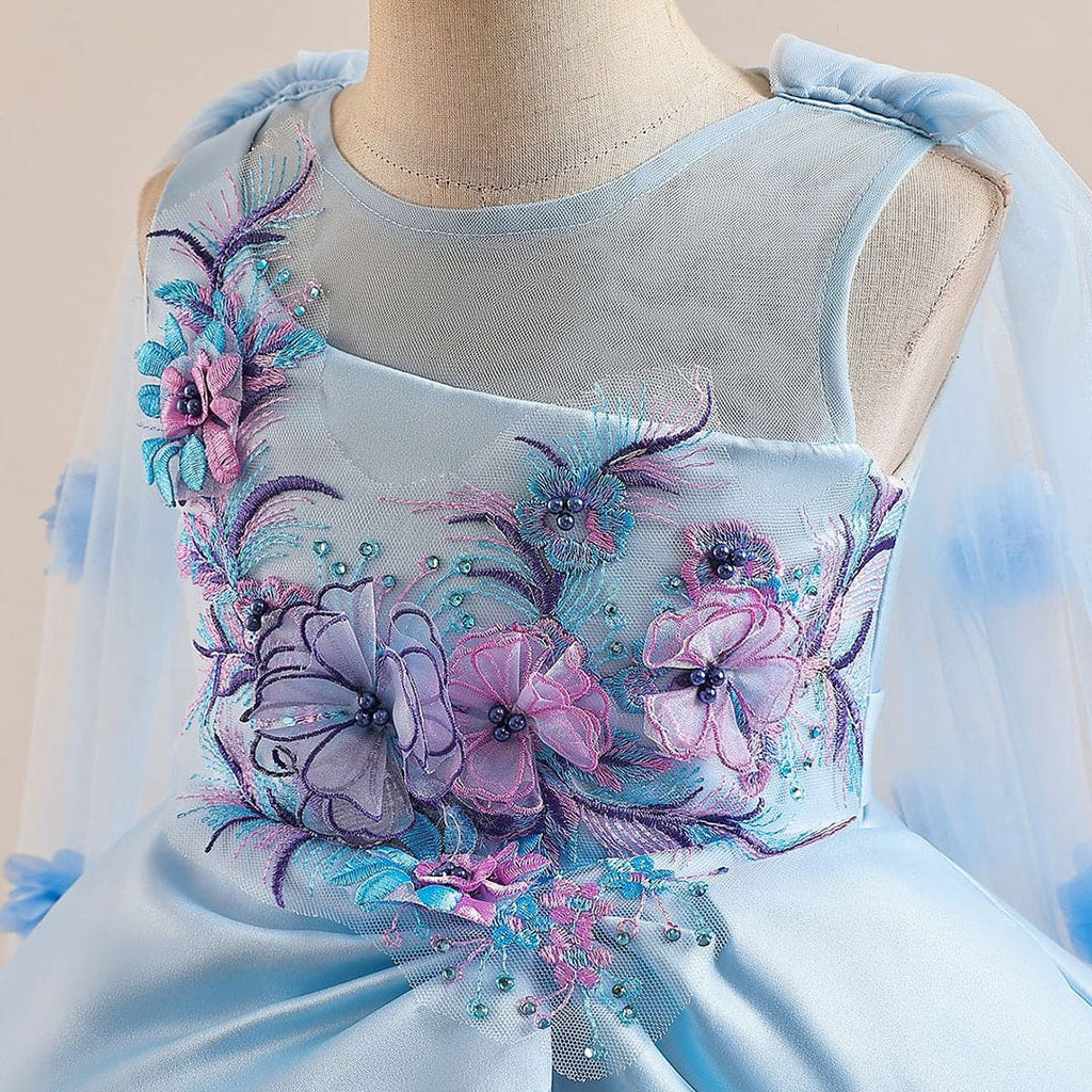 Girls Flower Applique Party Wear Gown Party Dresses   