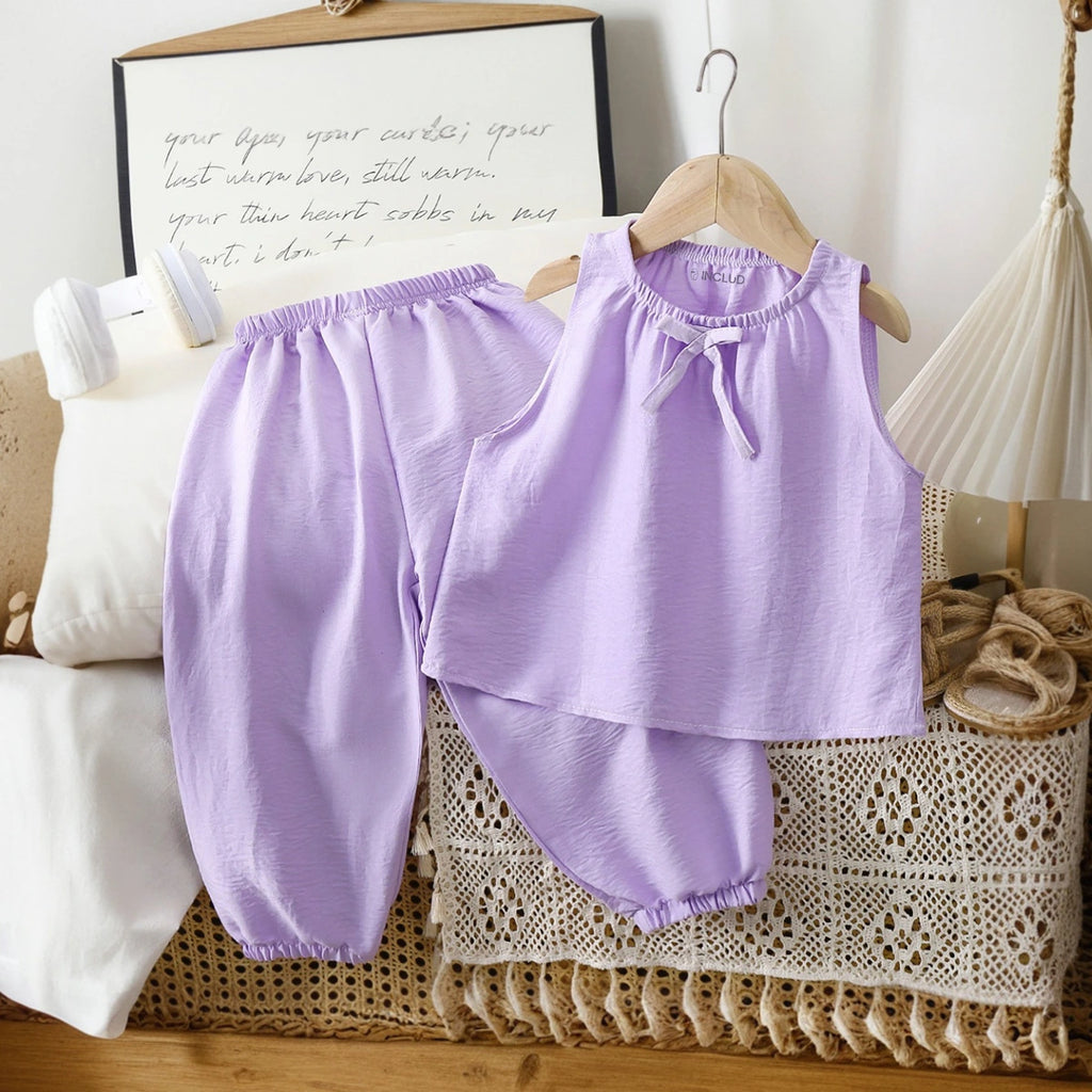 Girls Lavender Bow Applique Sleeveless Top With Pants Sets 2 pc. Sets Lavender 1-2 Y