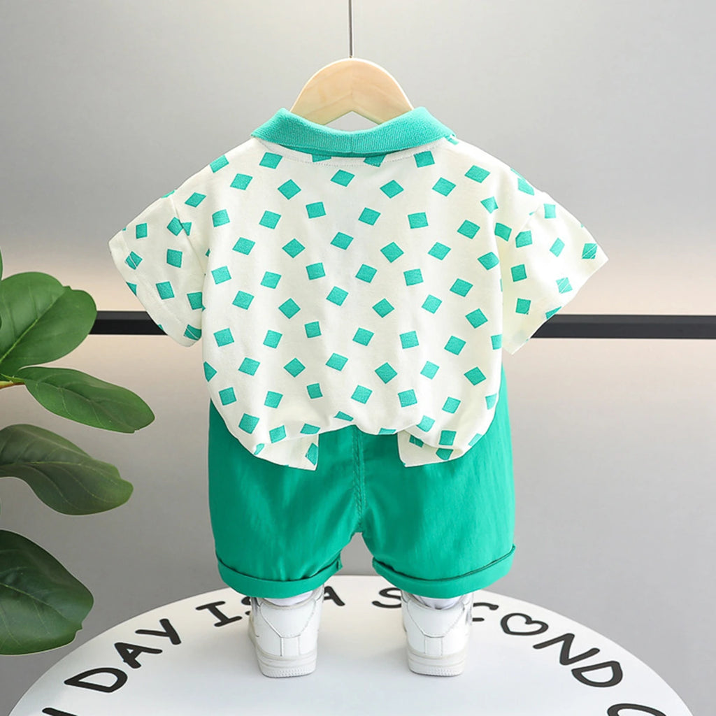 Boys Light Green Geometric Printed Short Sleeve Polo T-Shirt With Shorts Sets 2 pc. Sets