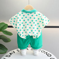 Boys Light Green Geometric Printed Short Sleeve Polo T-Shirt With Shorts Sets 2 pc. Sets