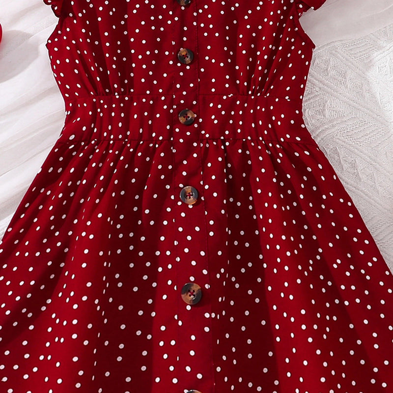 Girls Maroon Polka Dot Print Flutter Sleeve Fit & Flare Dress Casual Dresses