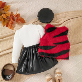 Girls Long Sleeve T-Shirt With Red Faux Fur Vest & Faux Leather Skirt & Hat Sets Sets