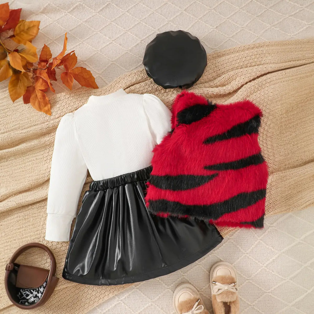 Girls Long Sleeve T-Shirt With Red Faux Fur Vest & Faux Leather Skirt & Hat Sets Sets