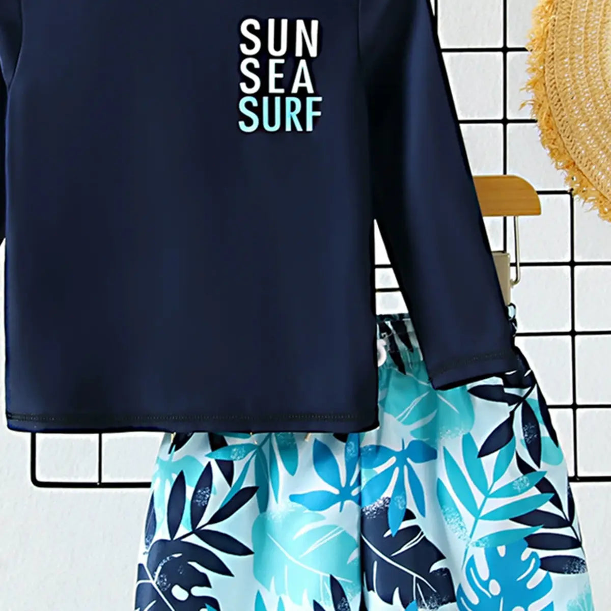 Boys Navy Blue Typographic Printed Long Sleeves T-Shirt & Shorts Swimsuit Sets Sets