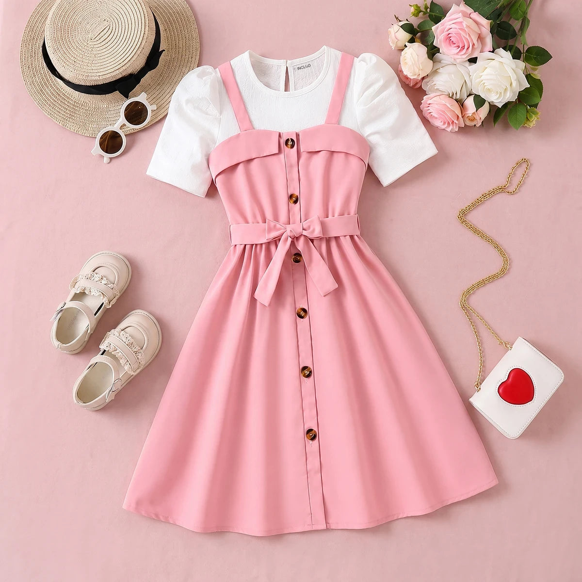Girls Pink Sleeveless Pinafore Dress With Top Casual Dresses Pink 3-4 Y