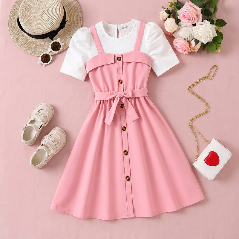 Girls Pink Sleeveless Pinafore Dress With Top Casual Dresses Pink 3-4 Y