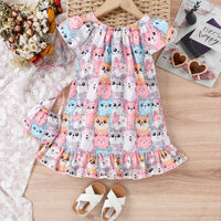 Girls Multicolor Cat Print Cap Sleeve Flared Dress With Bag Casual Dresses