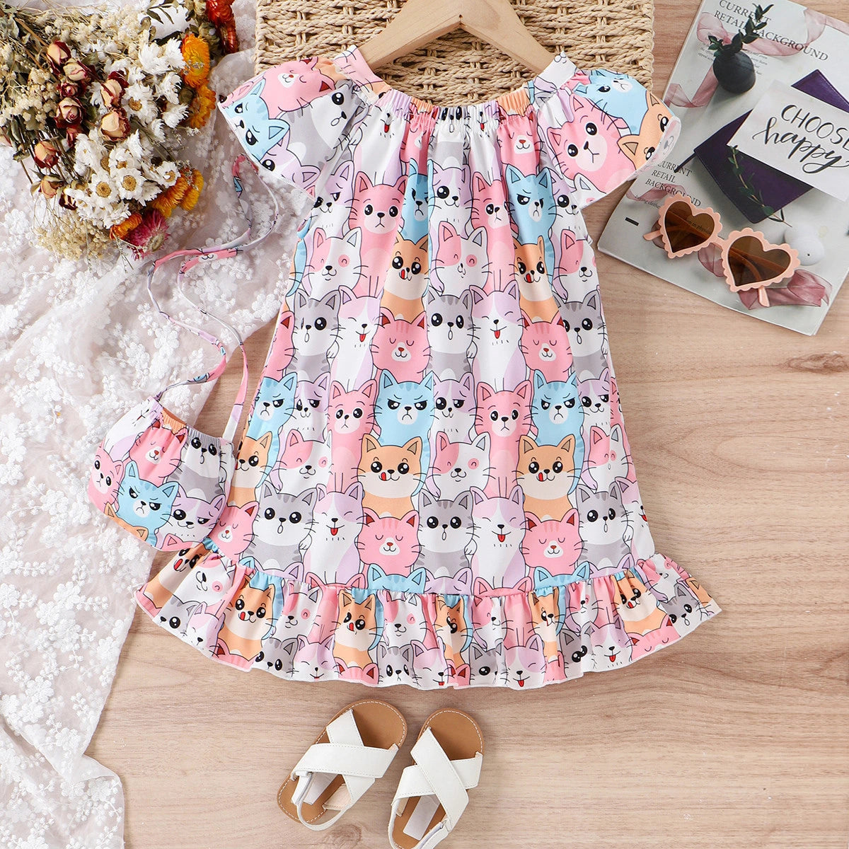 Girls Multicolor Cat Print Cap Sleeve Flared Dress With Bag Casual Dresses