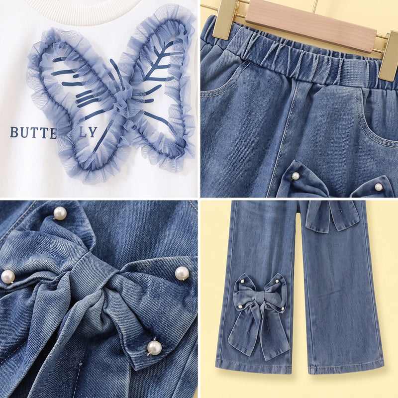 Girls White Butterfly Long Sleeve Sweatshirt With Denim Pants Sets 2 pc. Sets