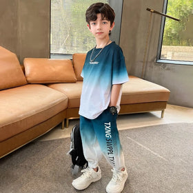 Boys Green Typographic Print Short Sleeves T-Shirt With Jogger Co-ord Sets Sets